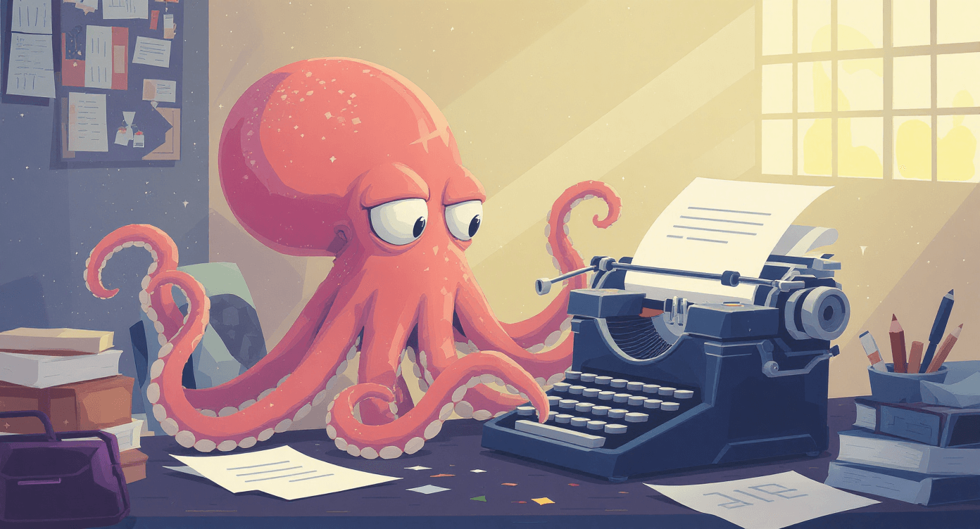 Octopus character typing on a vintage typewriter, symbolising creative multitasking, idea overload, and a hands-on approach to content creation.
