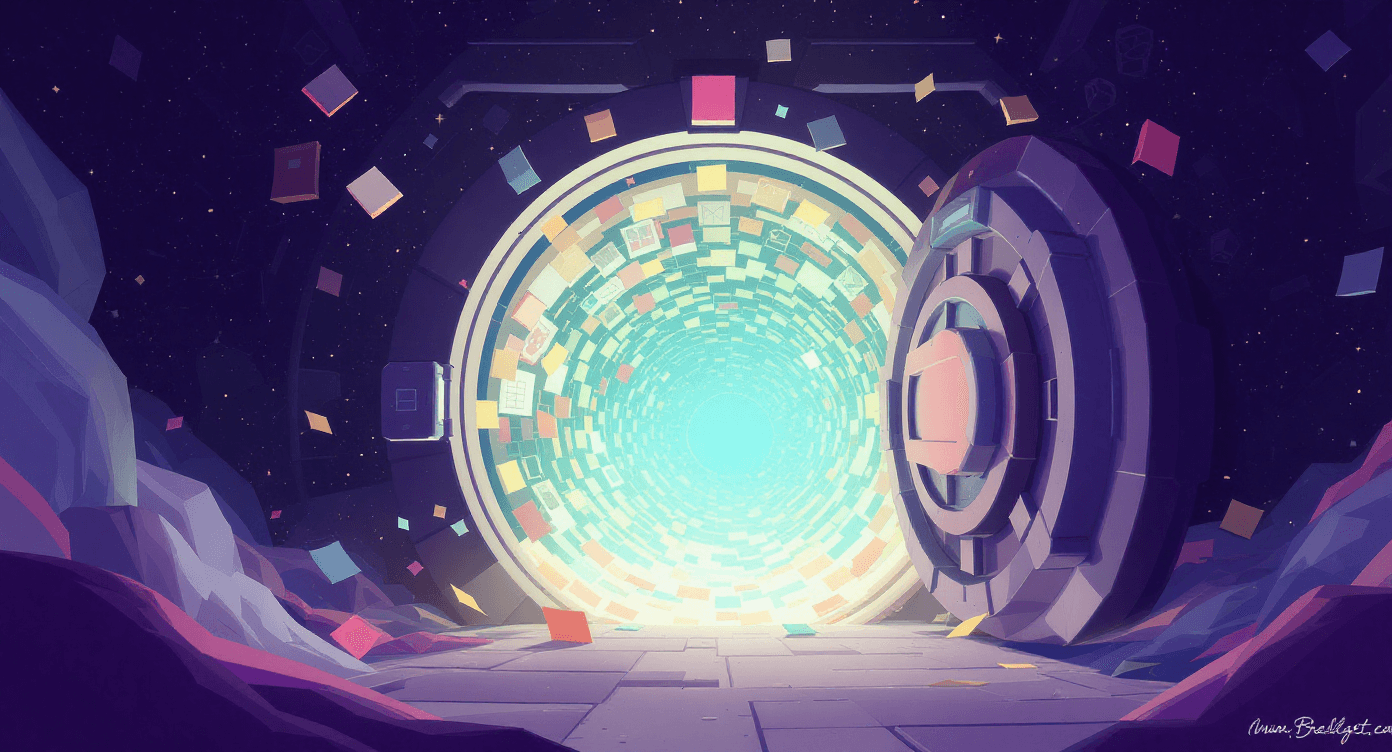 A giant open vault overflowing with glowing ideas, notebooks, and creative symbols, representing a deep reserve of ideas and organised creative potential.