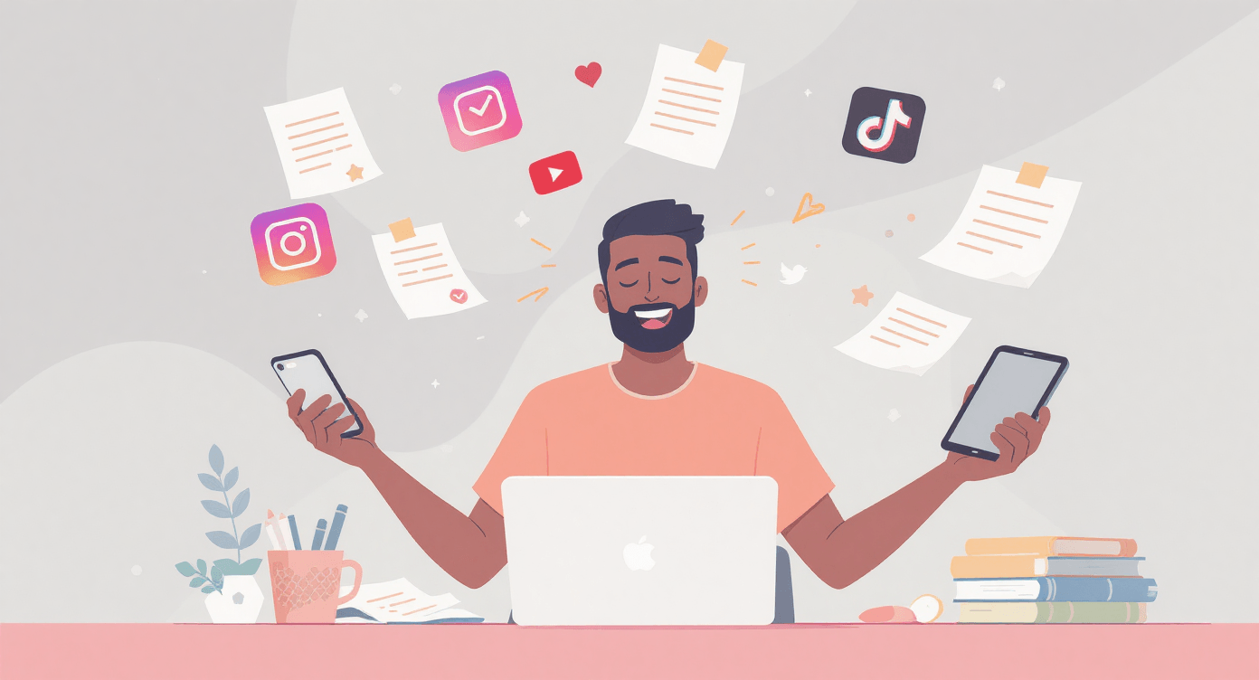 Content creator multitasking across multiple social media platforms, surrounded by floating icons and devices, representing the complexity of managing content for Instagram, TikTok, Twitter, LinkedIn, and YouTube.