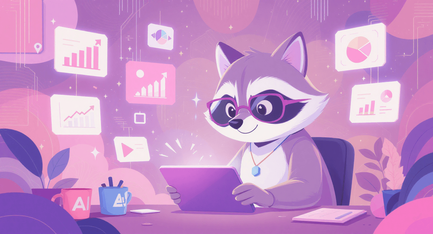 Raccoon character creating ads on a tablet surrounded by floating ad visuals and charts, representing the automated creative power of AdCreative.ai for content and advertising.