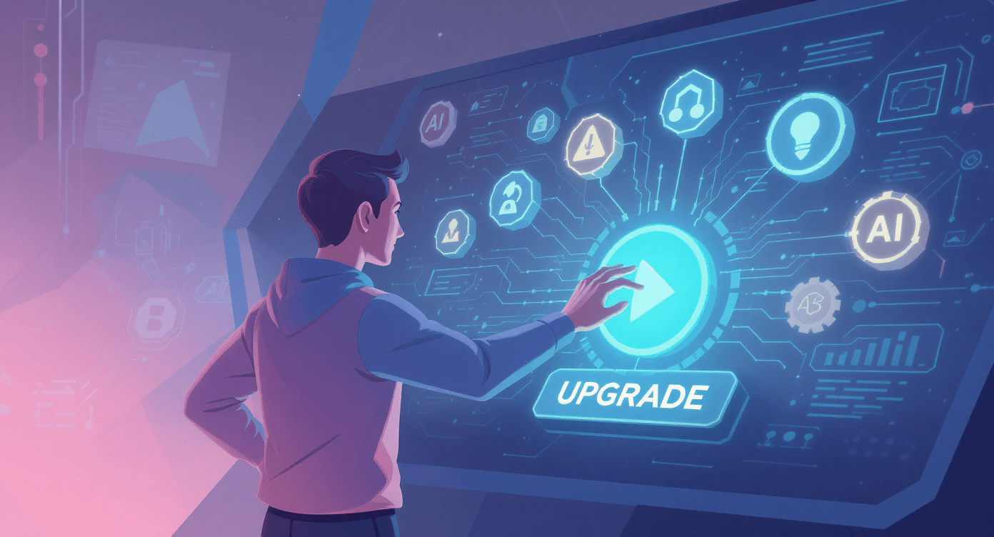 Person activating a control panel with AI icons transforming around them, symbolising upgrading AI tools and improving digital capabilities.