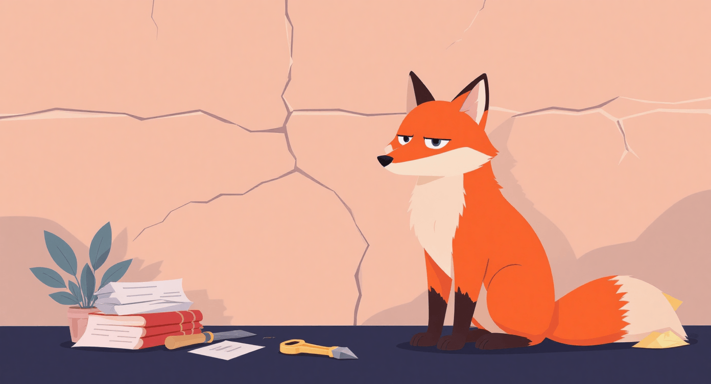 Person facing a broken wall or machine, surrounded by scattered papers and tools, representing the limitations of a system and what it cannot fix.