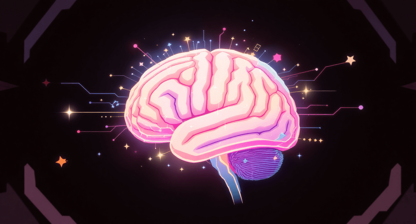 Human brain with glowing neural pathways, sparks, and floating symbols, representing high mental activity, creativity, and idea generation.