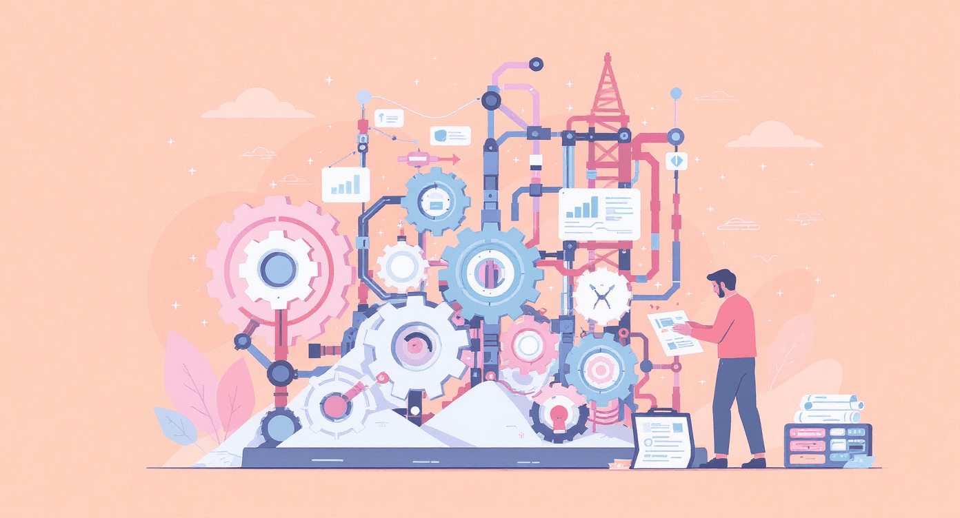 Person constructing interconnected gears and panels, symbolising building systems, organisation, and methodical workflow.