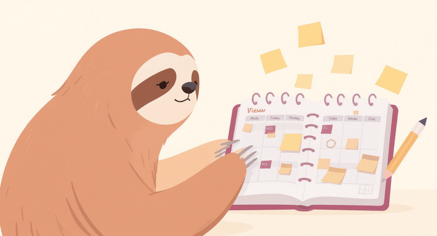 Cartoon Sloth observing a two-week calendar with floating notes and reminders, representing first expectations and planning for the initial phase of a project or routine.