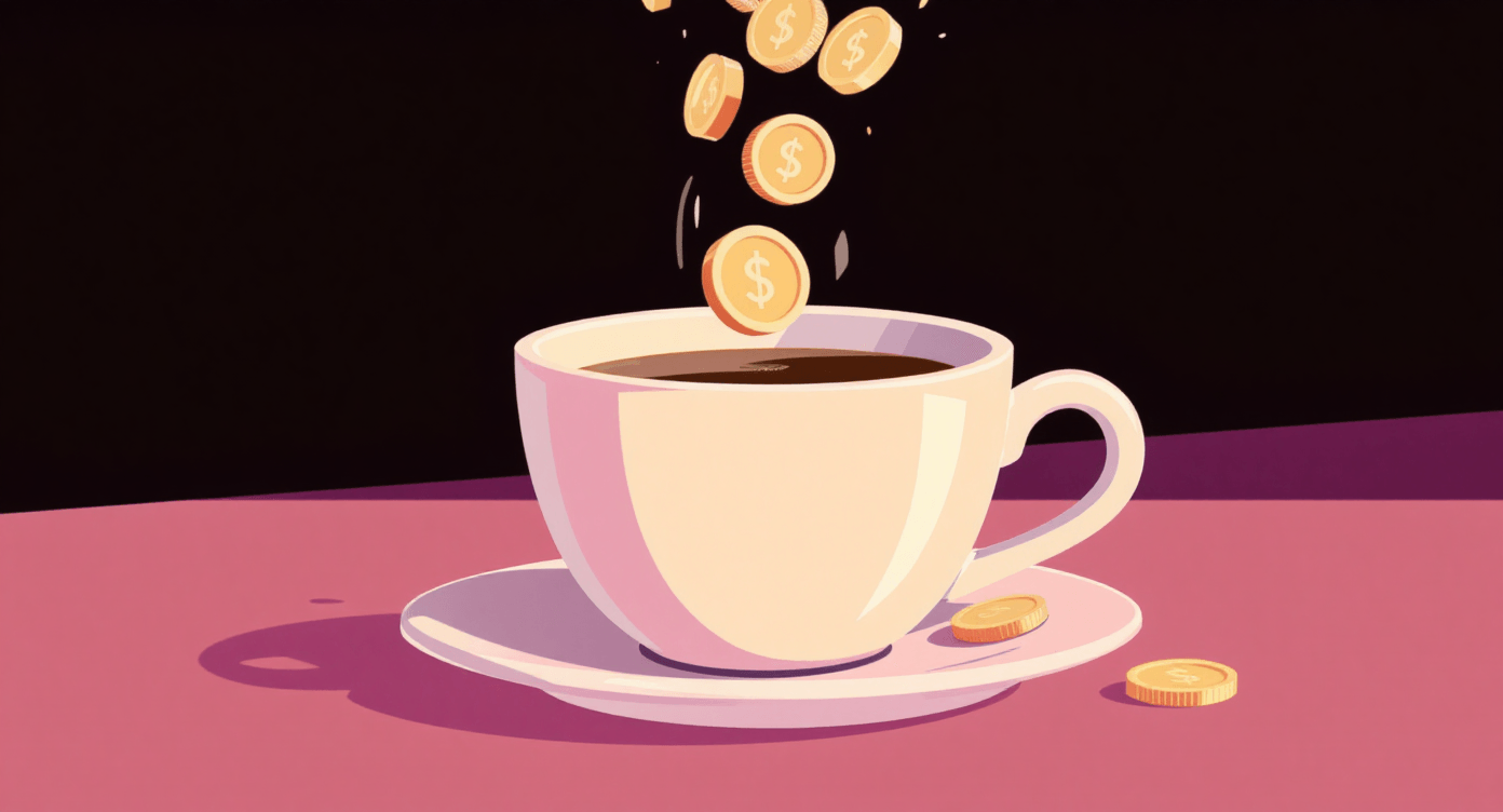 Zoomed-in coffee cup with coins falling out, symbolising small everyday expenses and their impact on long-term value.
