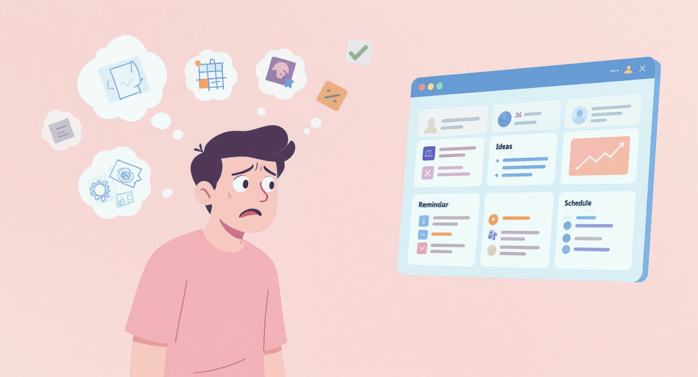 Person overwhelmed by swirling ideas and reminders, facing an organised digital dashboard, representing the Creator Command Centre helping creators manage tasks, ideas, and reduce content creation stress.
