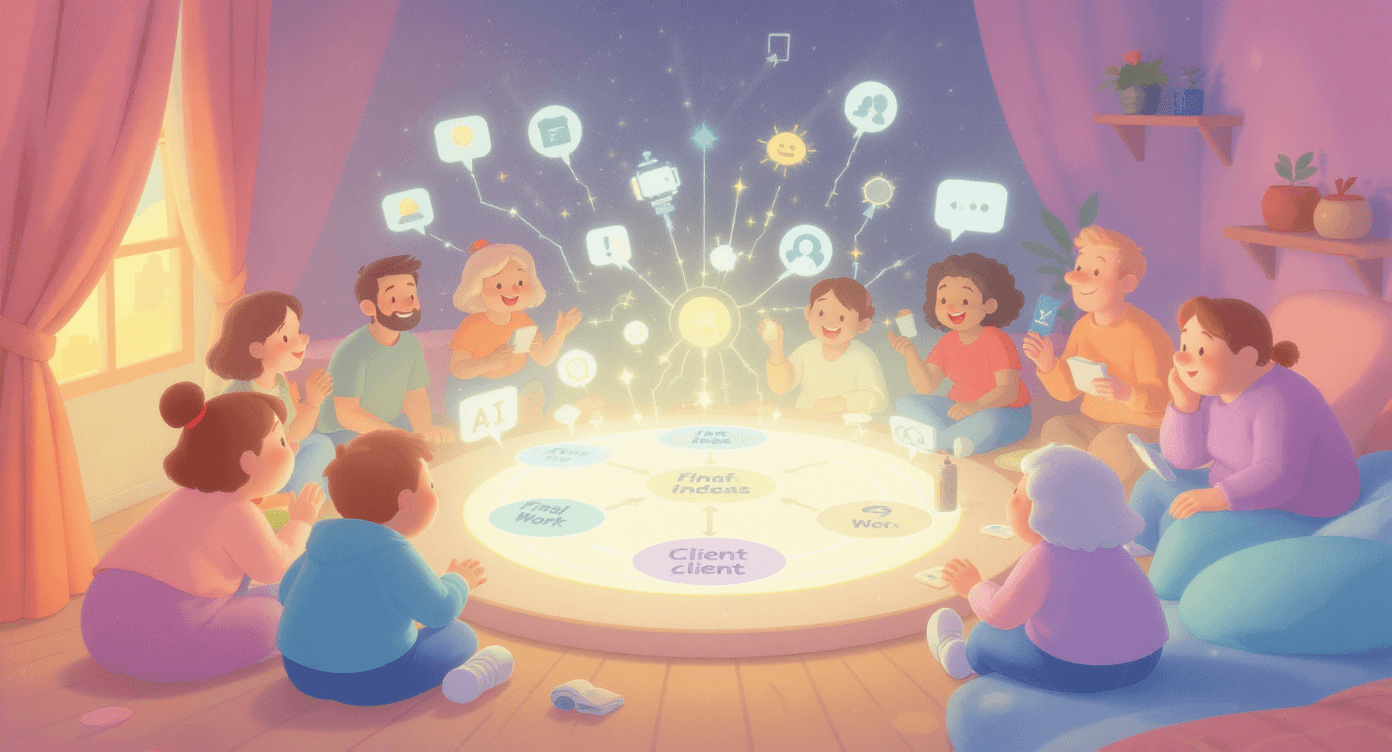 Diverse team collaborating around a central digital hub with organised drafts, final work, and client communications, showing AI tools integrated, representing a Central Command Centre for small teams.