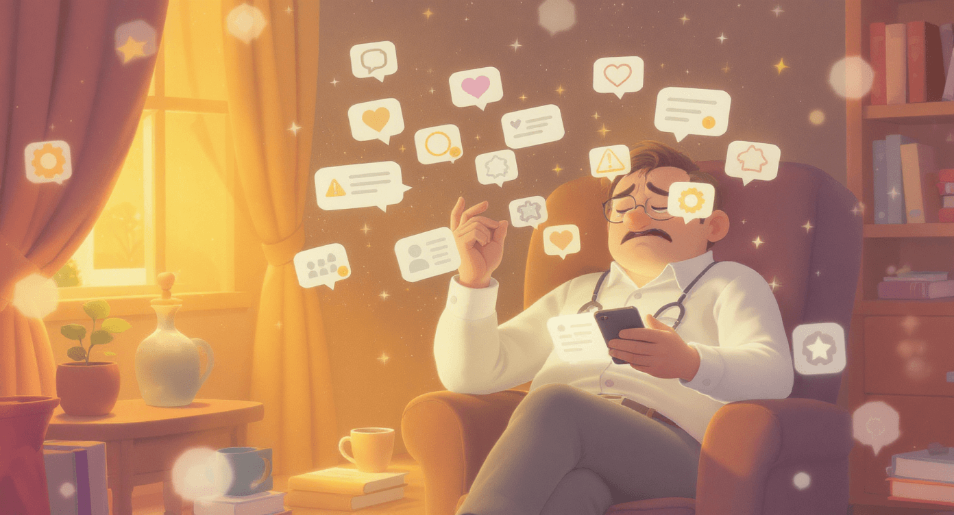 Small business owner overwhelmed by digital chaos and disconnected AI tools in a messy workspace.