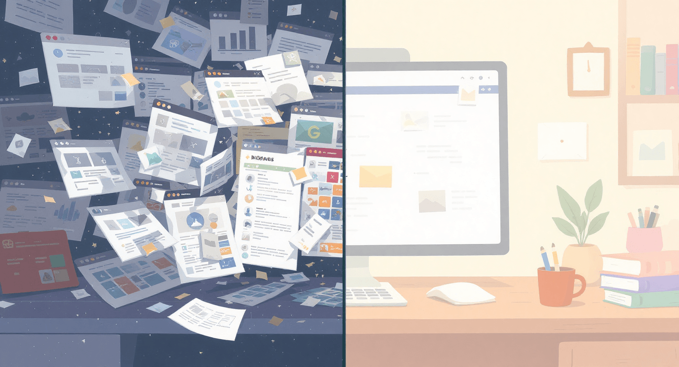 Split screen comparison showing a disorganized digital workspace versus an organised AI hub for small business teams.