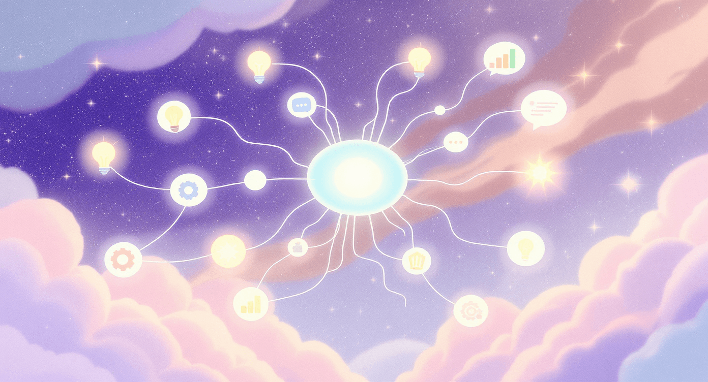 Floating digital mind-map with connected idea icons and data streams, representing AI-powered brainstorming and automated idea generation.