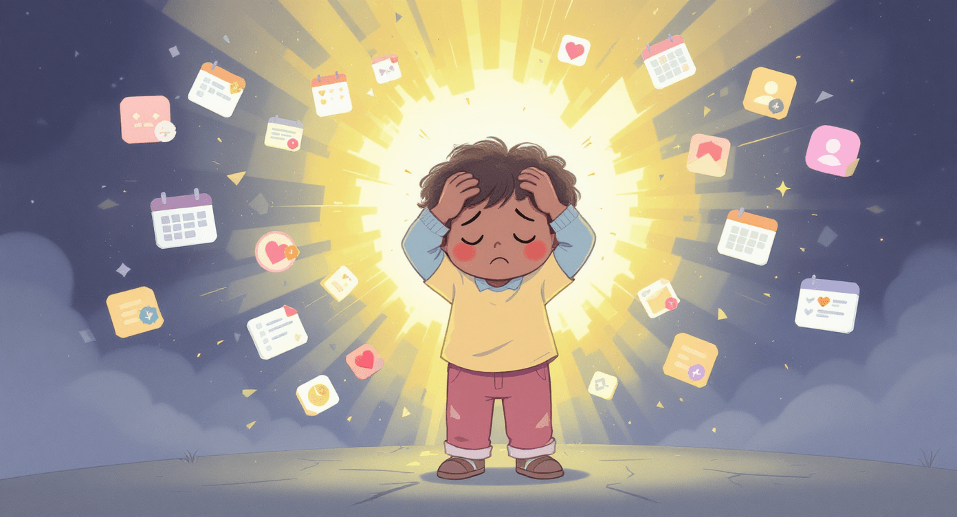 Overwhelmed person surrounded by swirling task and notification icons with cracking light behind them, representing a creator or business owner at breaking point from digital overload.