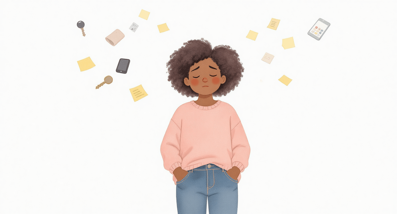 Person with turned-out pockets reaching for floating items and document icons drifting away, representing losing track of information and disorganised work systems.