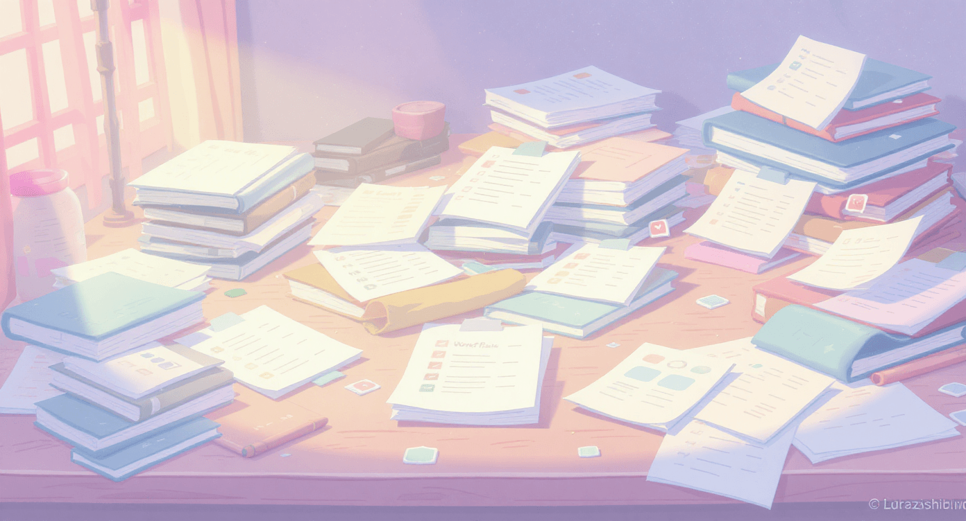Close-up of a desk covered in piled templates, workflow cards, and resource materials, representing an overload of tools and resources without a clear organisation system.