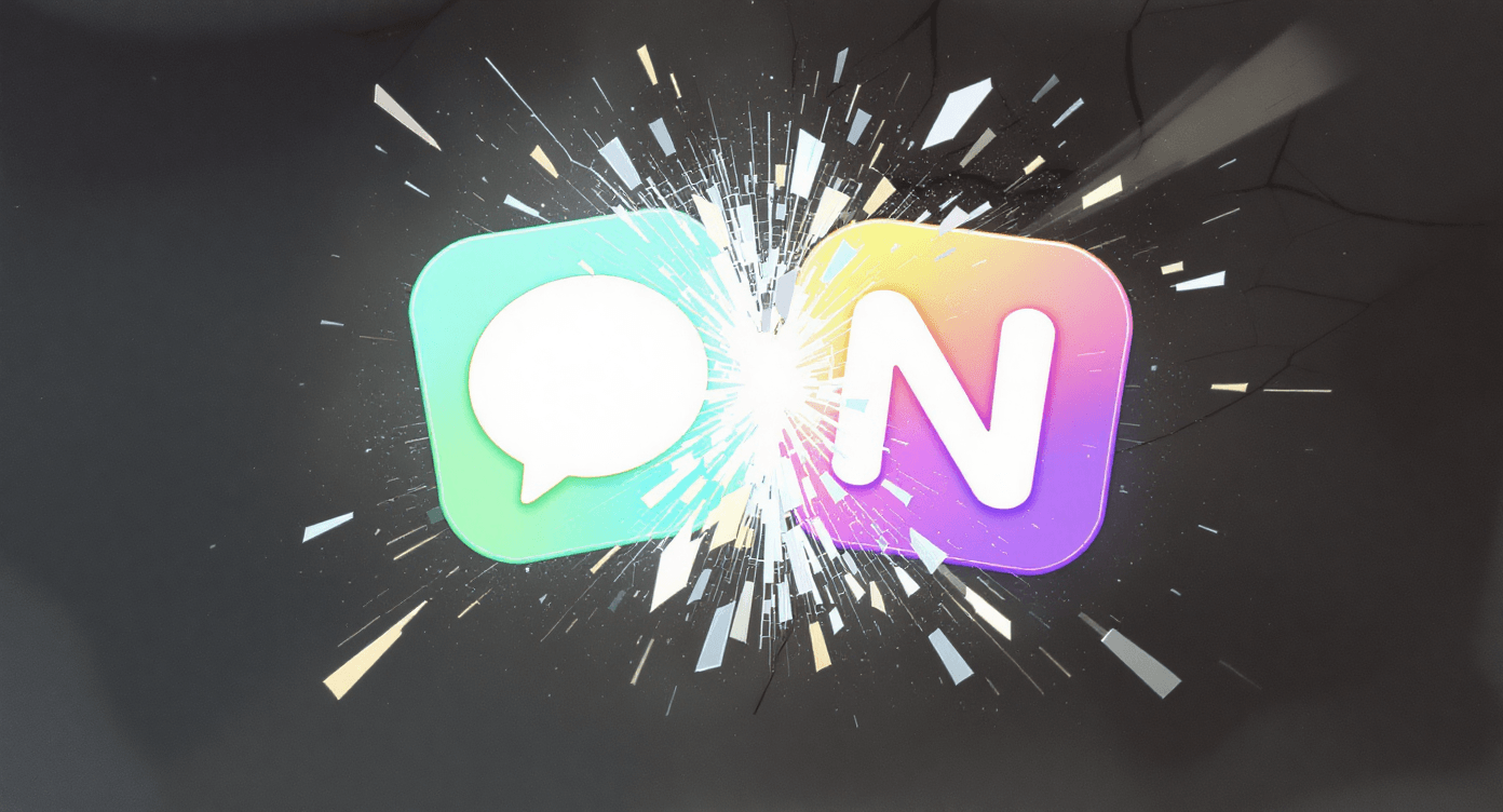 ChatGPT-style logo and Notion-style logo smashing together with digital fragments flying, representing AI tools colliding instead of integrating into one workflow.