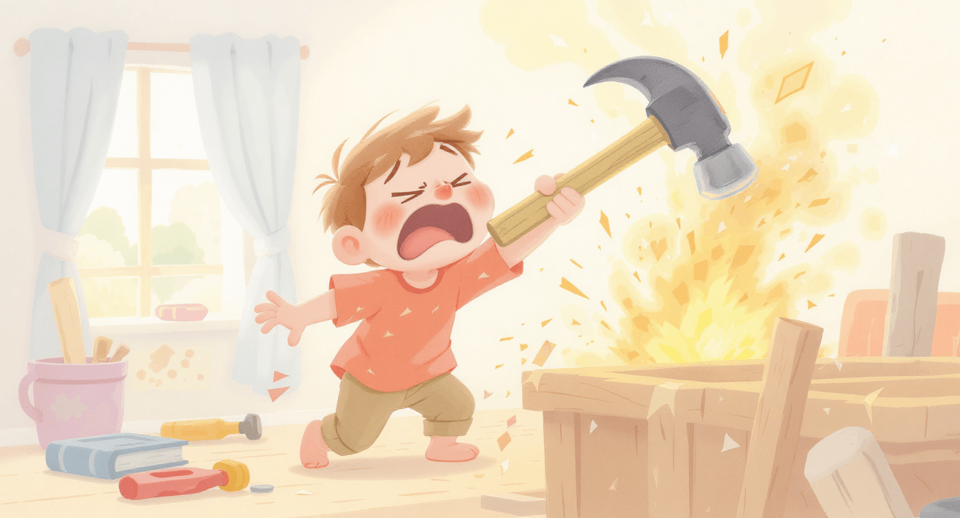 Cartoon person accidentally hitting their thumb with a hammer, showing frustration and pain while using a tool, representing struggle with difficult systems.