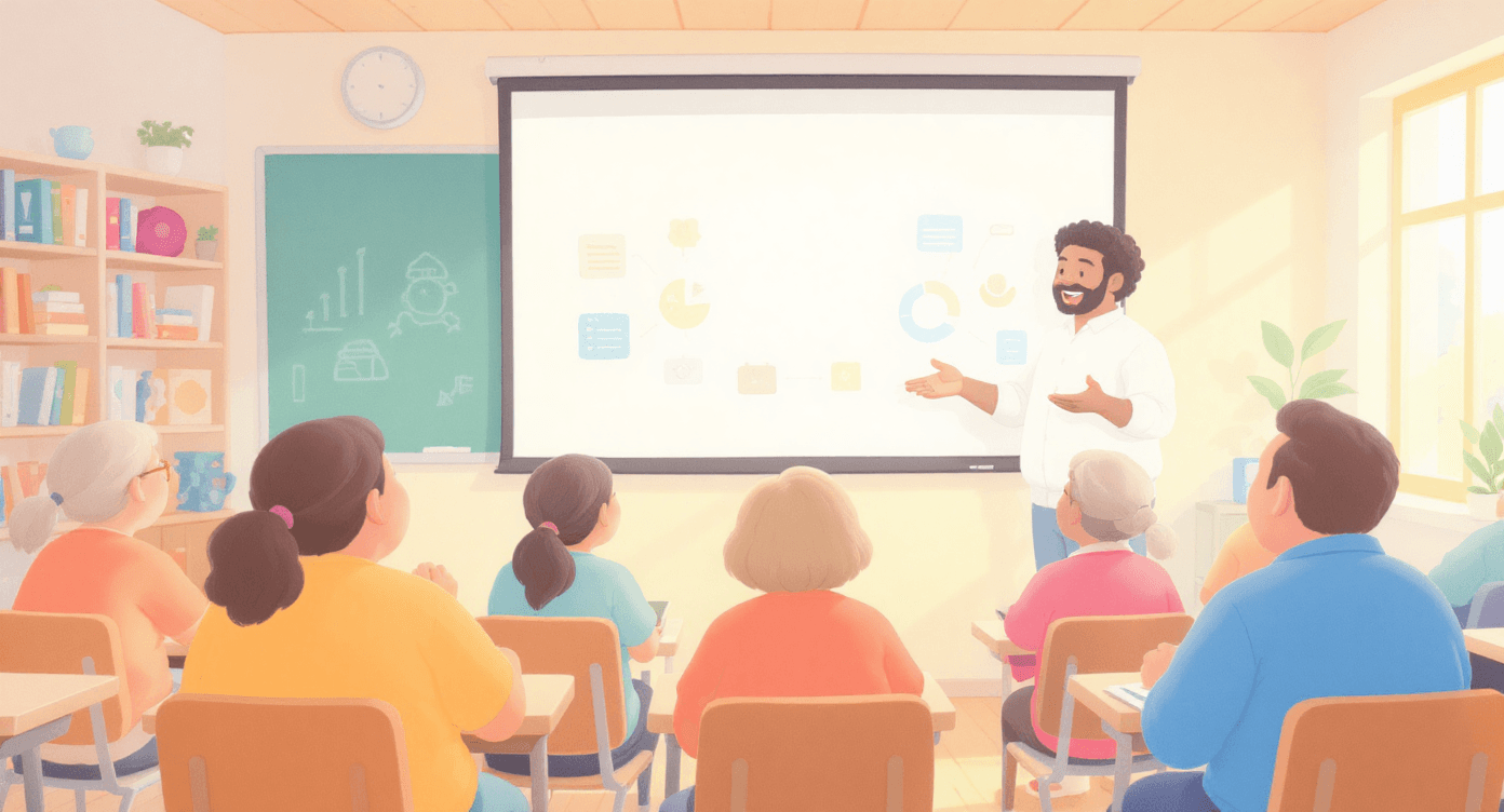A diverse trainer teaching a classroom of adults using visual icons on a screen, representing hands-on training and learning systems.