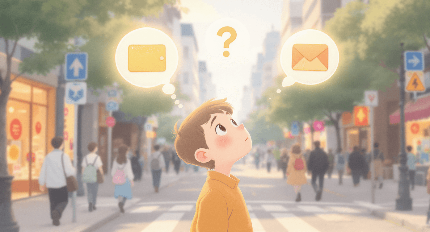 Person in a city street choosing between two digital platforms, representing a creator deciding which platform to focus on.