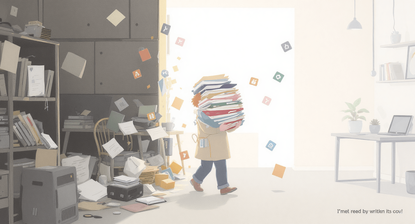 Person migrating digital tools and files from a cluttered workspace to a clean organised system, representing moving to a new content or productivity platform.