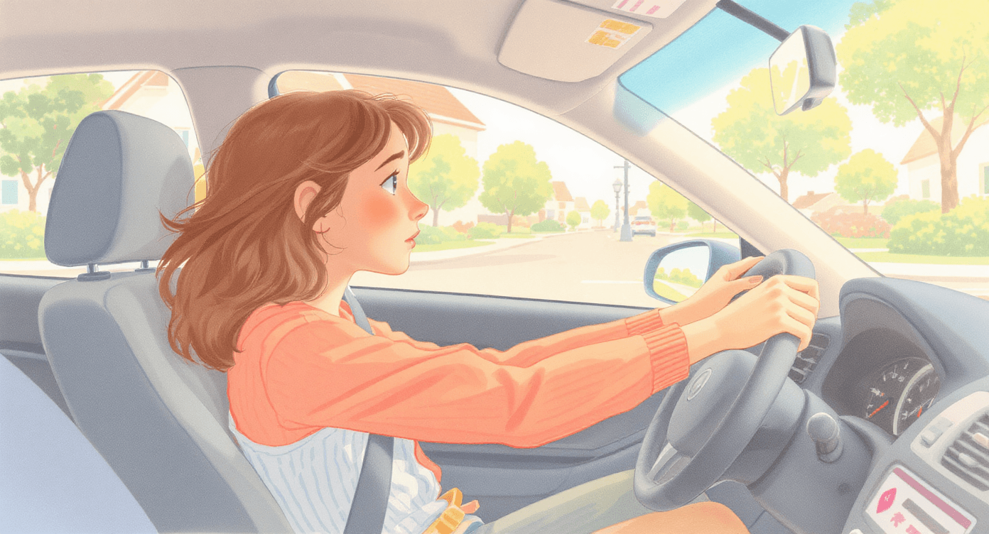 Person learning to drive with instructor in passenger seat, focusing on steering and road awareness, representing beginner driving lessons.