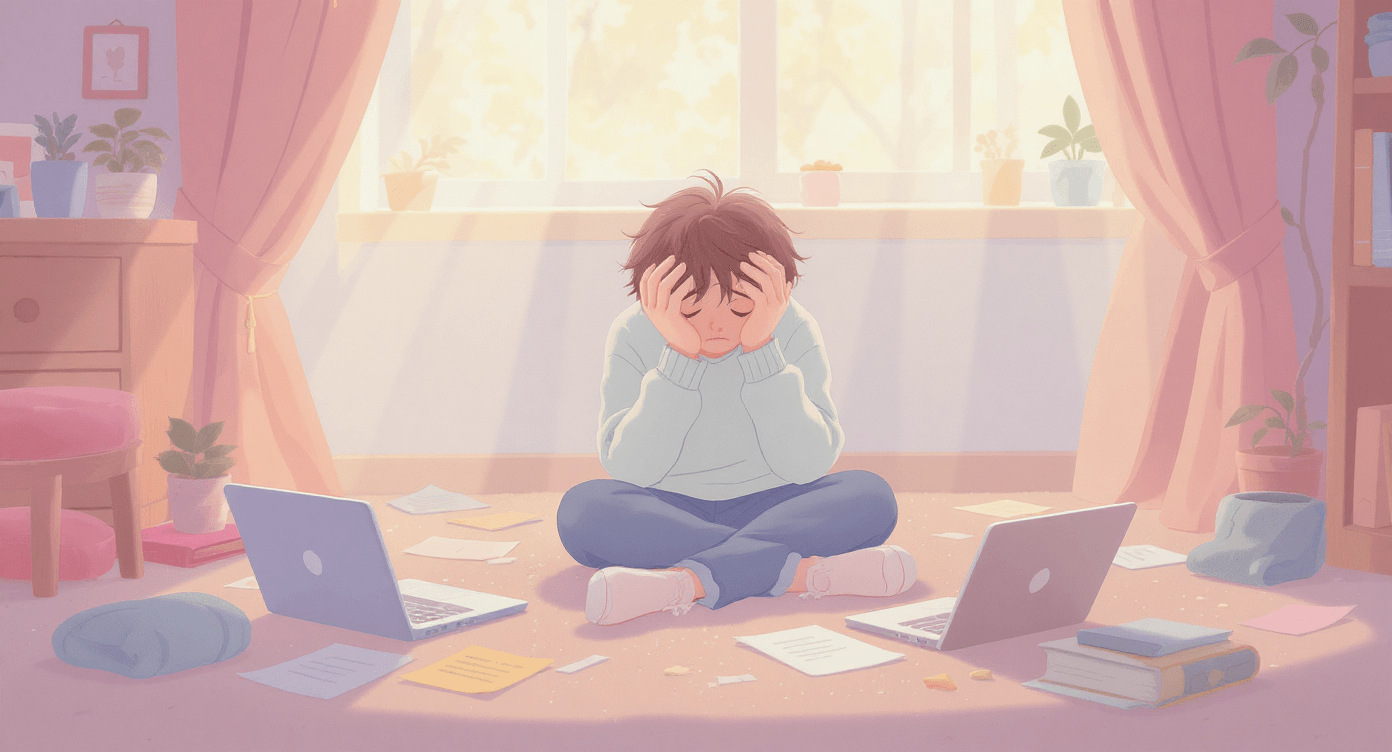 A person sitting on the floor, head in hands, surrounded by scattered papers and a laptop, showing visible frustration and exhaustion, no text or speech bubbles.