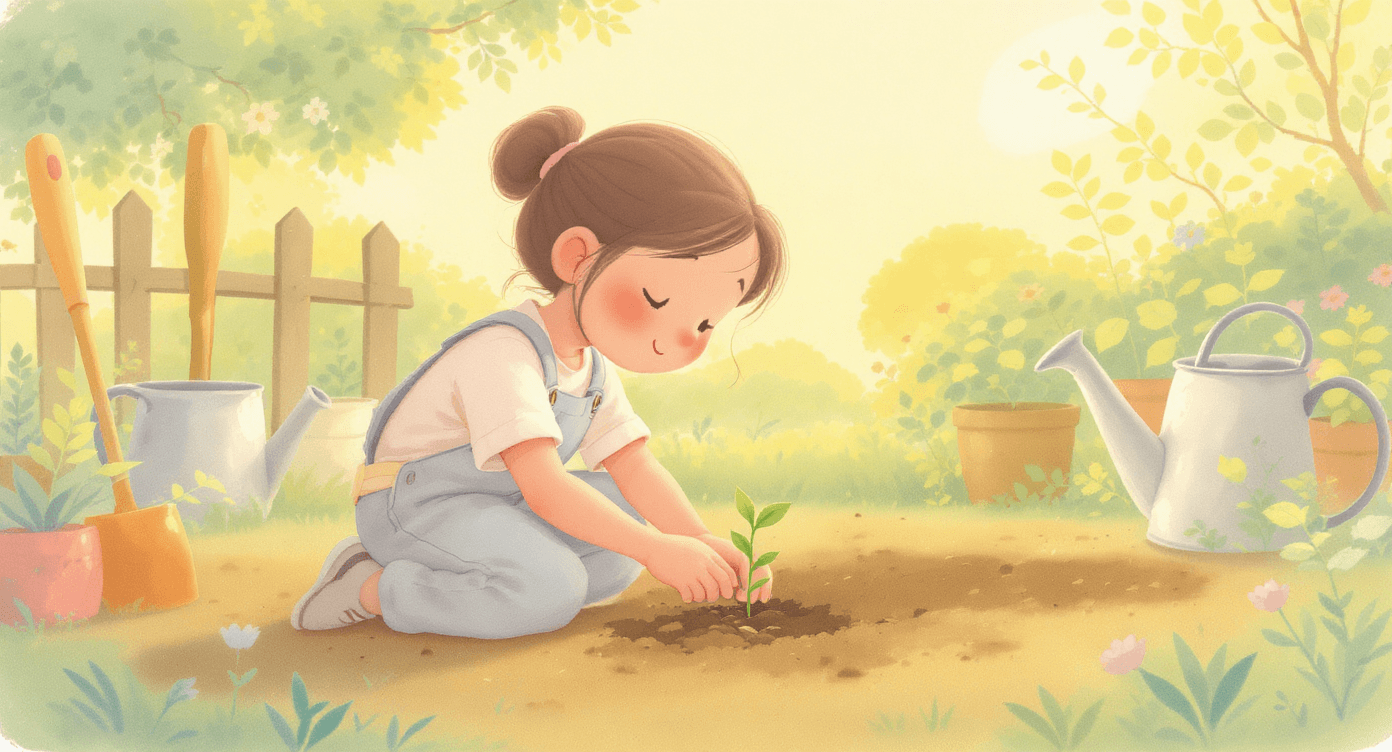 Person starting with a simple task, planting a small seedling first and preparing to add more later, reflecting Emma's advice on adding complexity only when needed.