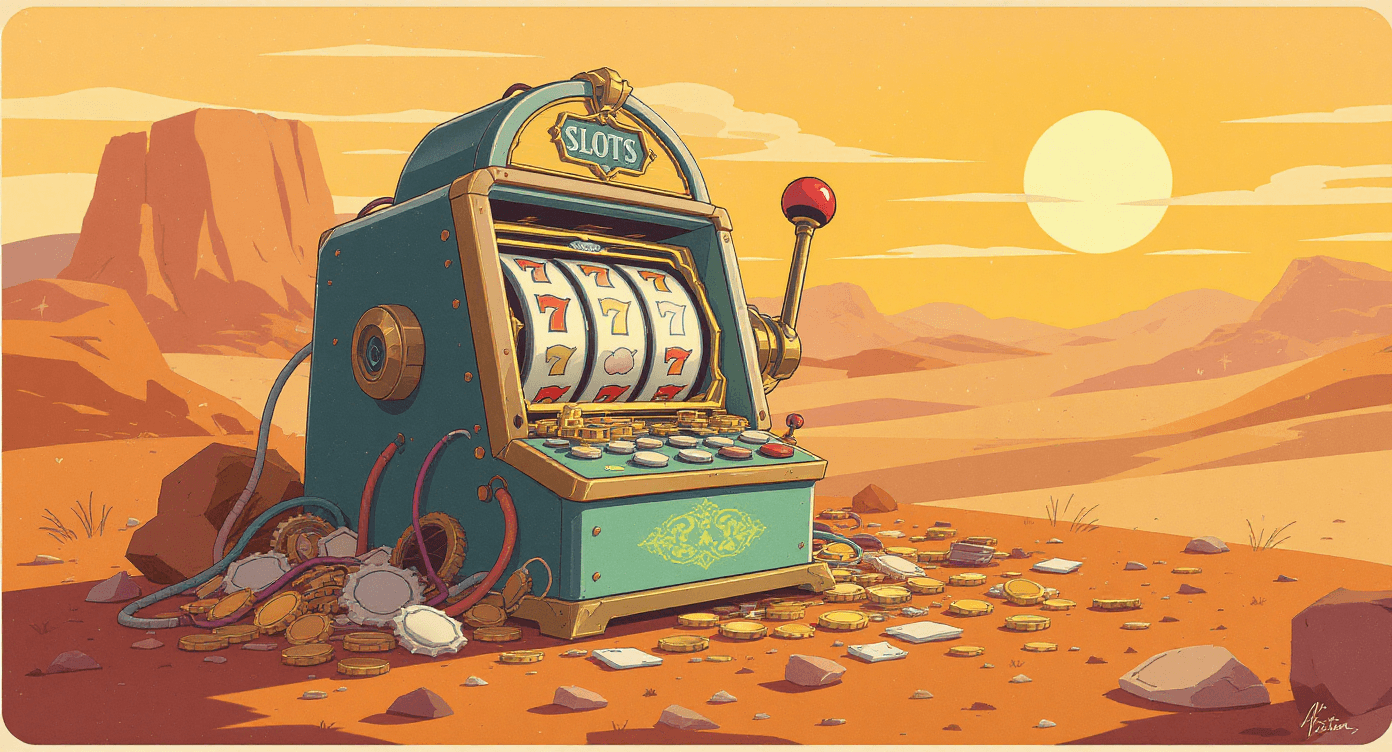 AI business reality concept showing a broken slot machine in a desert with exposed technology, symbolizing that AI is not a guaranteed money-making tool and requires strategy and effort