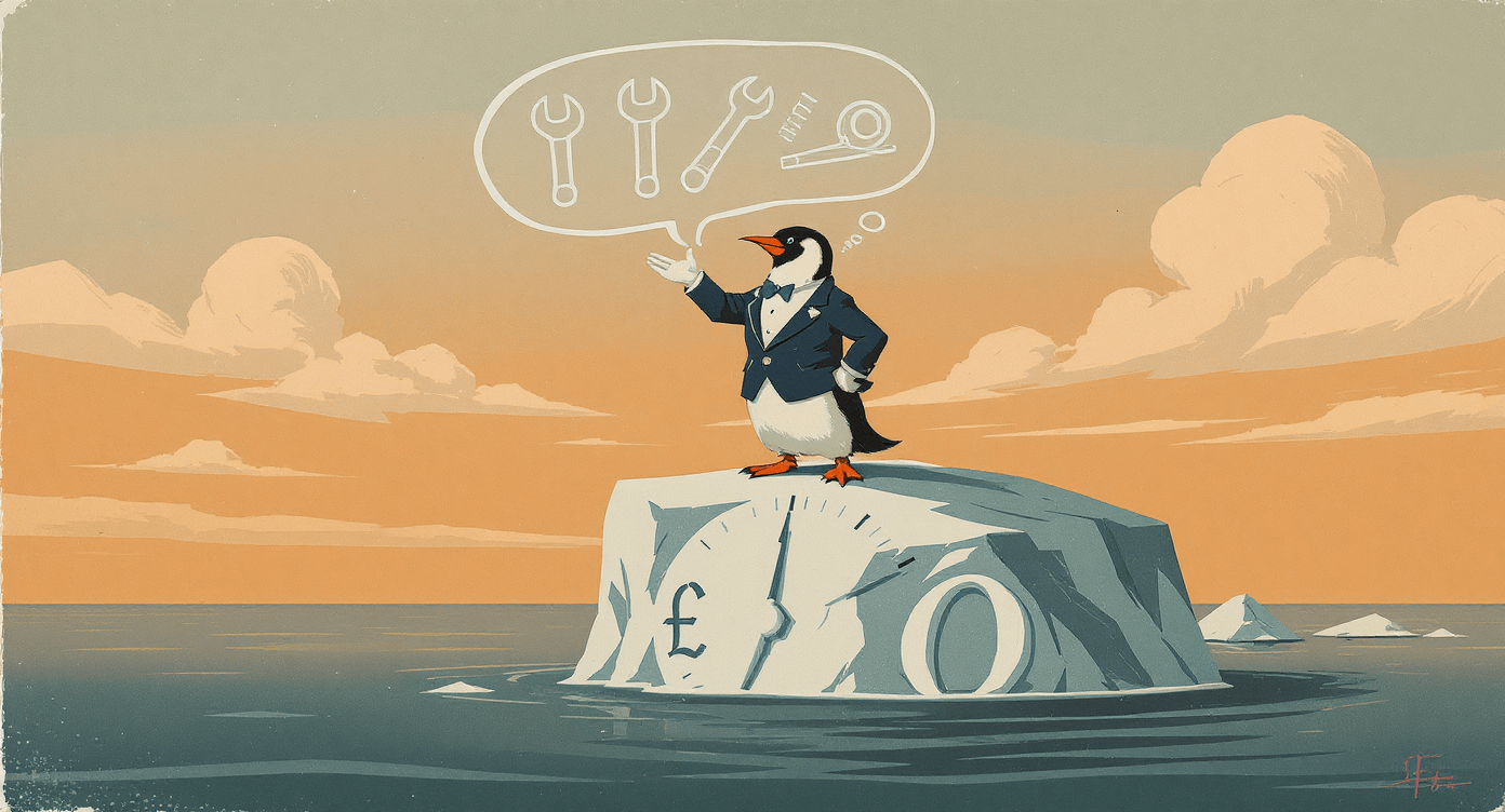 Penguin standing on a clock-shaped iceberg with free tool icons and a small £0 mark, representing investing time instead of money to start AI business ideas.
