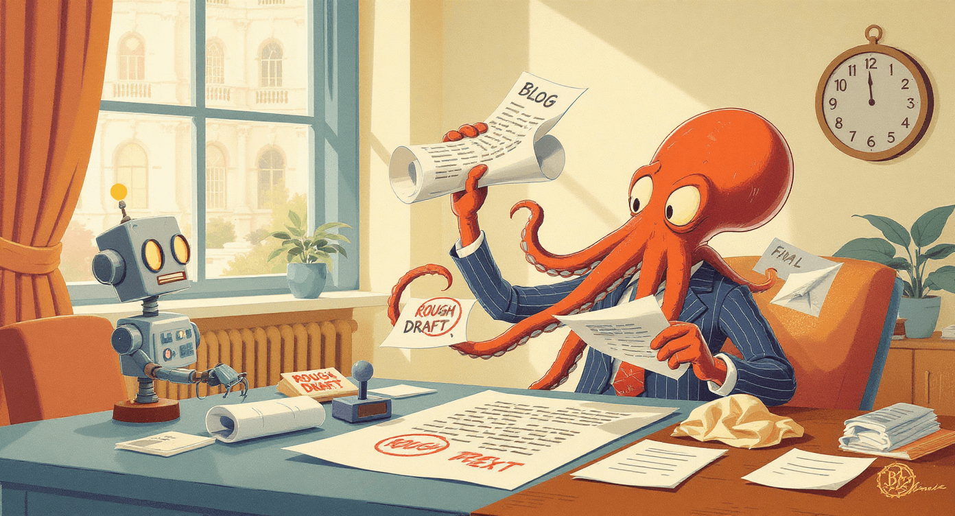 Octopus editing polished content pages while a robot creates rough drafts, representing AI writing first drafts and humans refining content for small businesses.