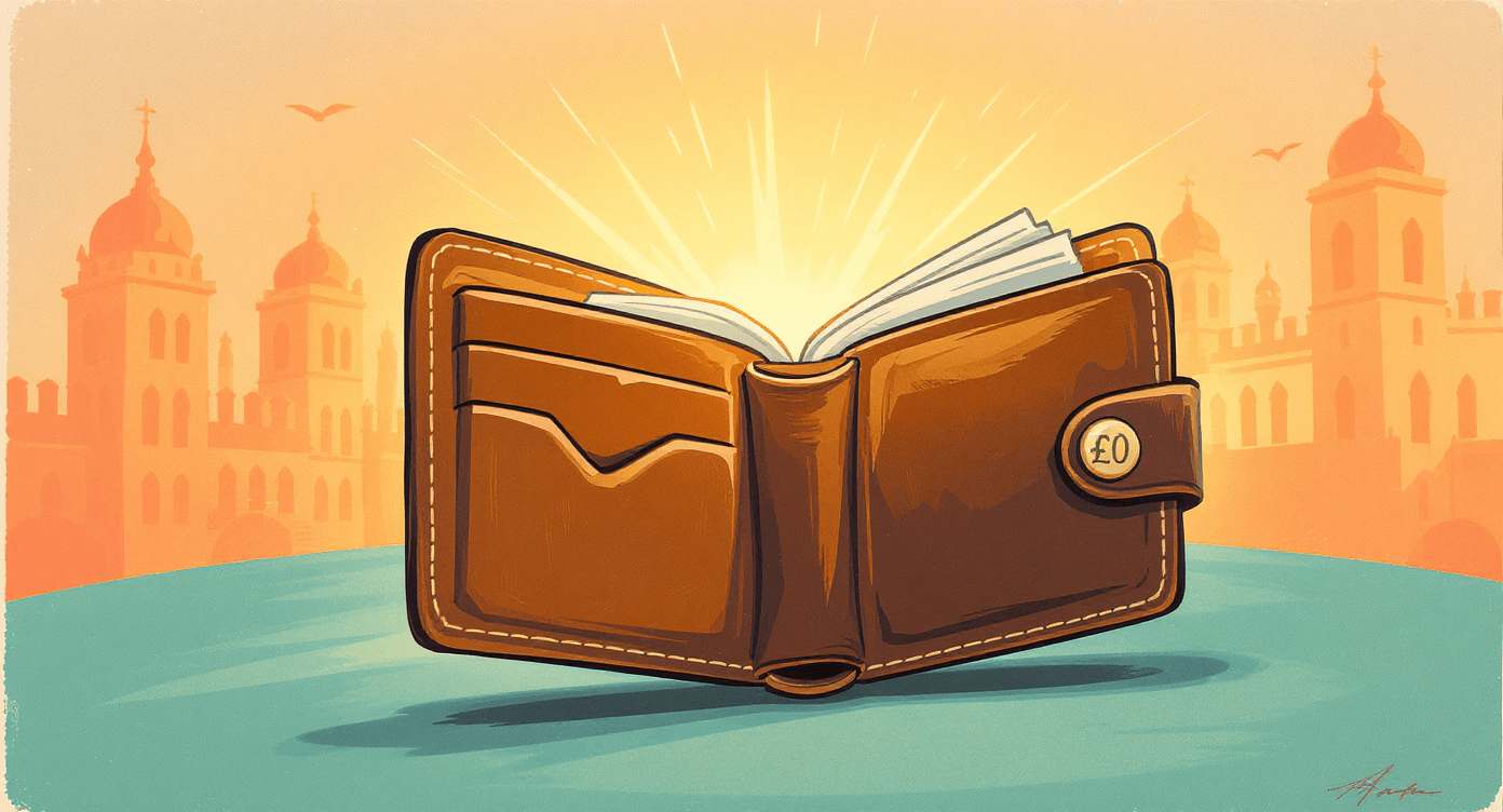 Zoomed-in empty wallet with subtle £0 symbol, representing starting an AI business with no upfront costs.