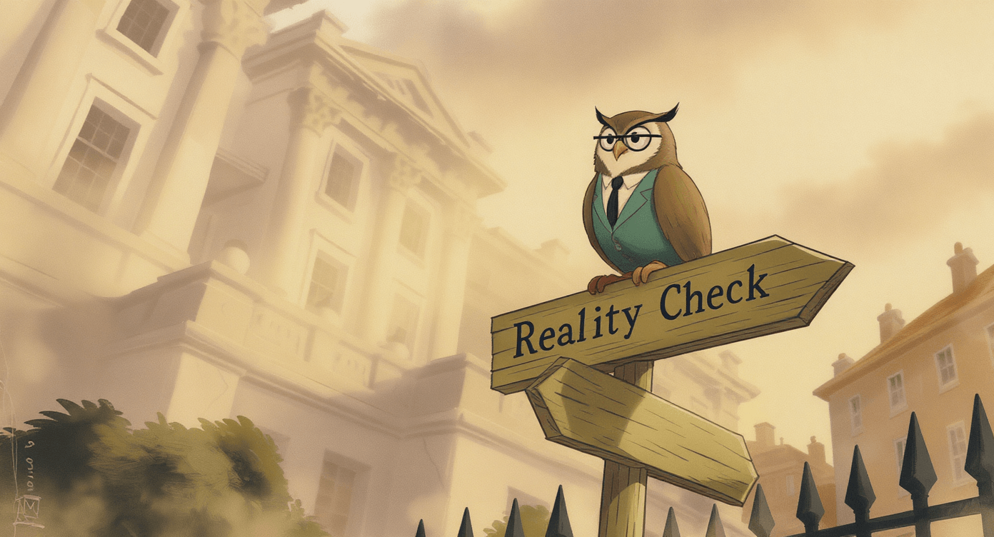 Owl perched on a signpost with an arrow labeled “Reality Check”, symbolising a moment of clarity and honest assessment for starting AI business ideas.
