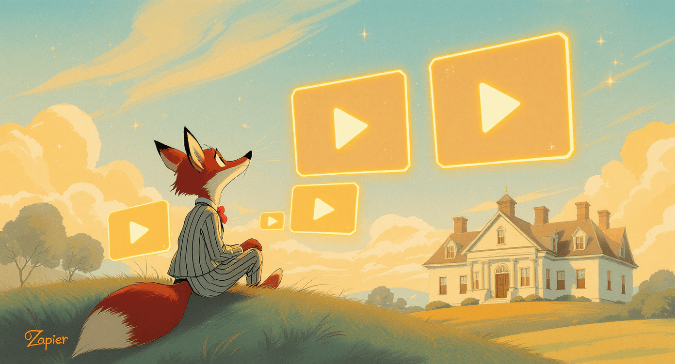 Fox character watching three floating holographic tutorial screens with a small “Zapier” label, representing learning automation through YouTube tutorials.