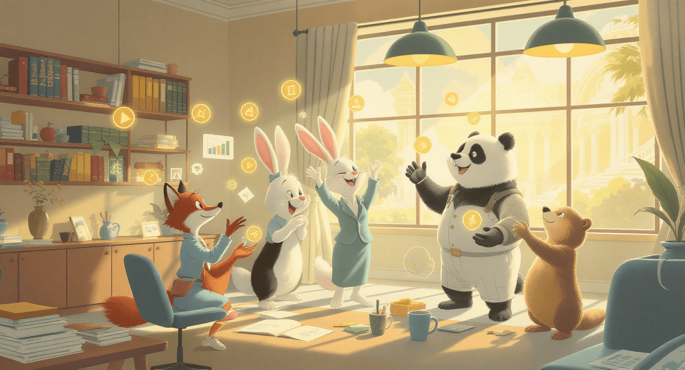 Diverse animal characters happily collaborating in a bright open workspace with charts and icons, representing a productive and cheerful team environment.