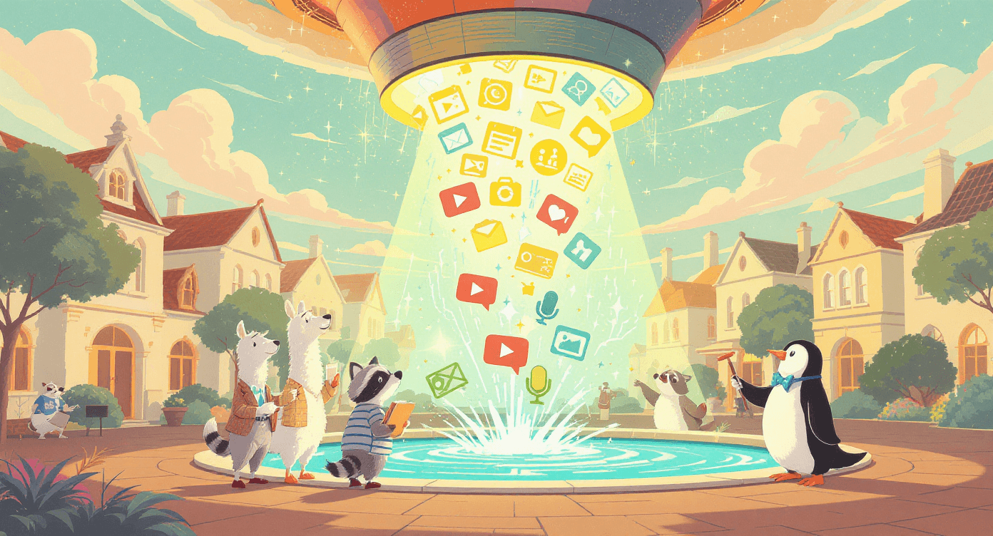 Floating funnel pouring content icons toward diverse animal creators, representing TikTok creators, Etsy sellers, coaches, and real estate agents overwhelmed by content and AI tools.