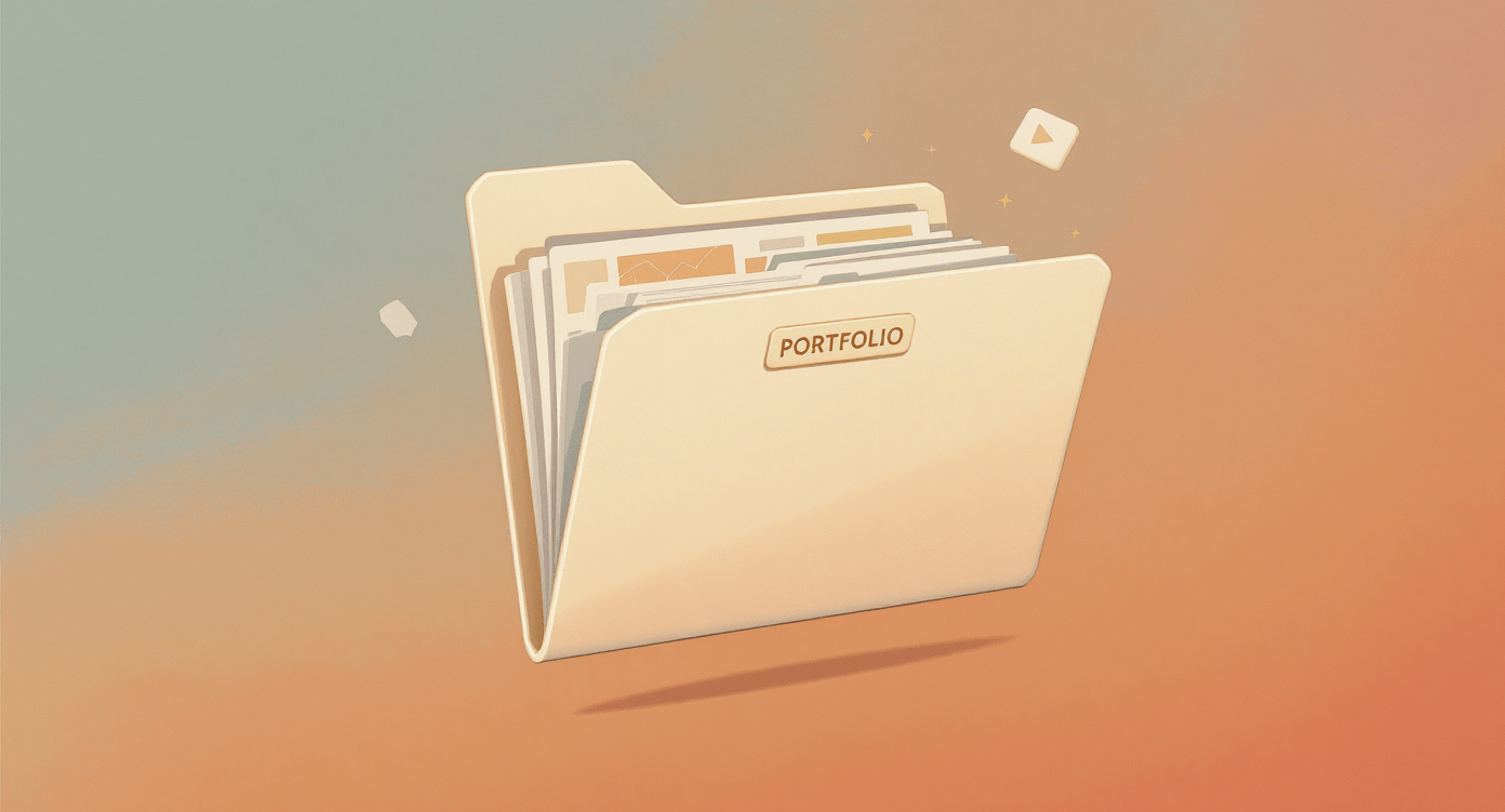 Digital portfolio folder with preview content cards and media icons, representing creating a content writing portfolio in Notion or Google Drive.