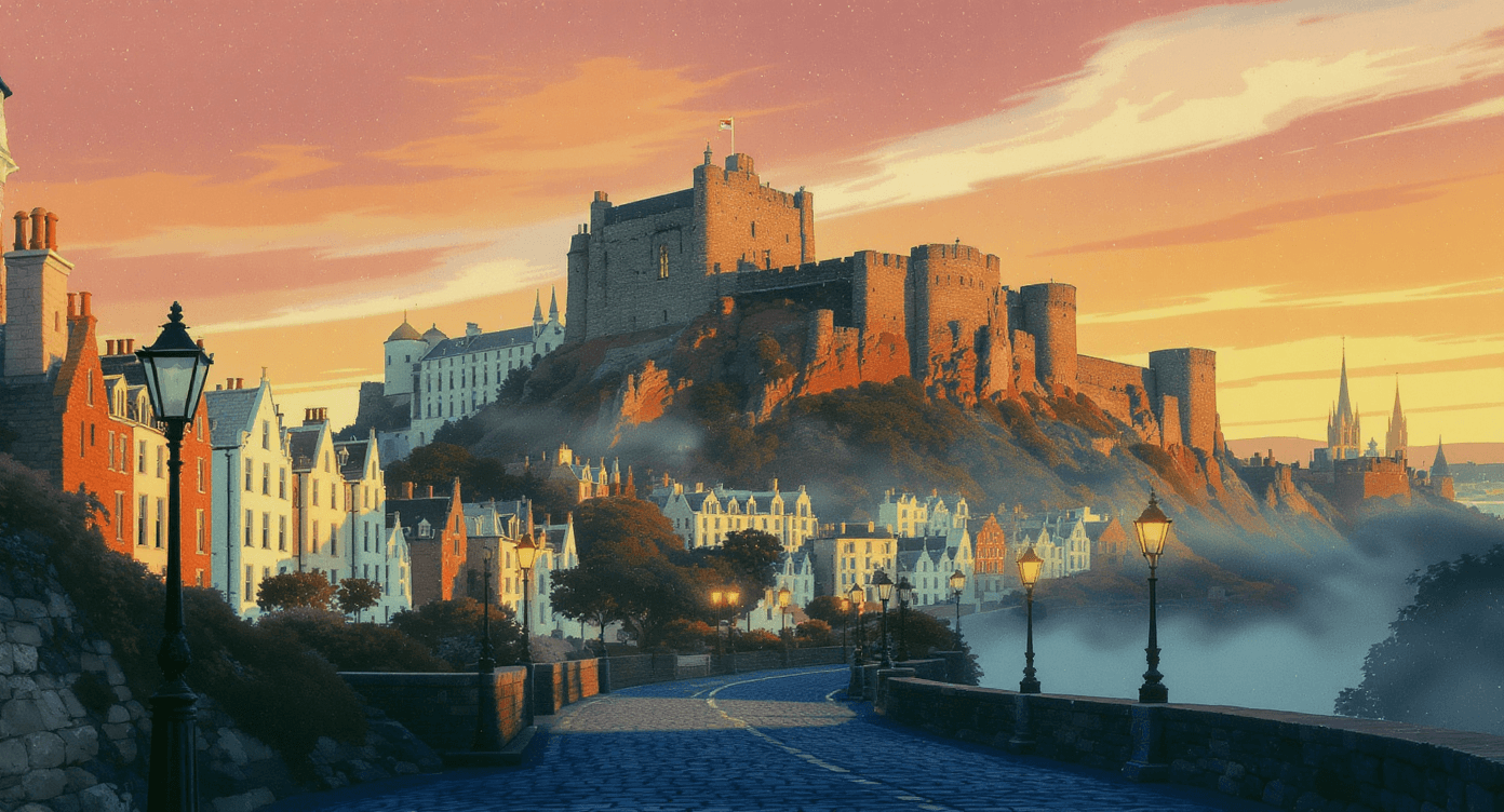 Stylised illustration of Edinburgh skyline with castle and historic streets, representing location-based inspiration or UK creative workspace setting.