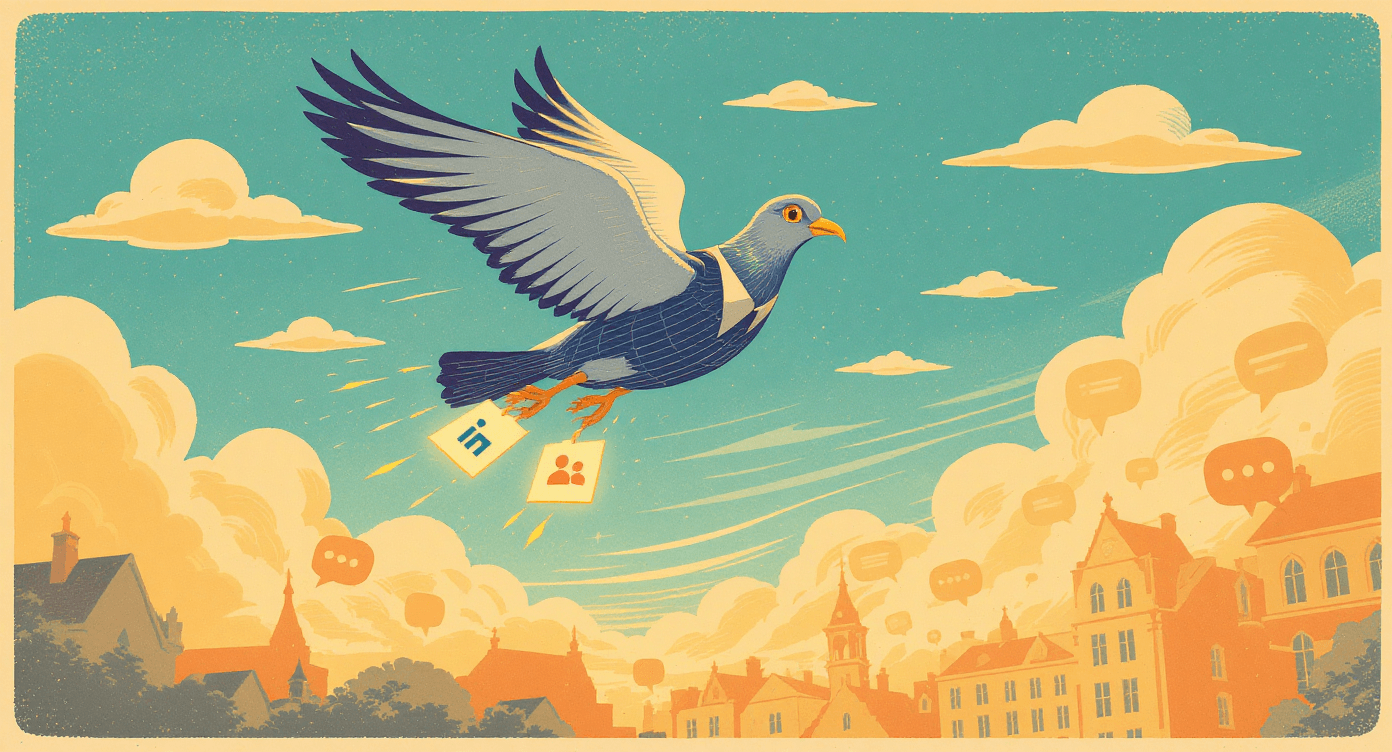 Carrier pigeon delivering LinkedIn and Facebook group messages, representing posting content to social platforms and communities.