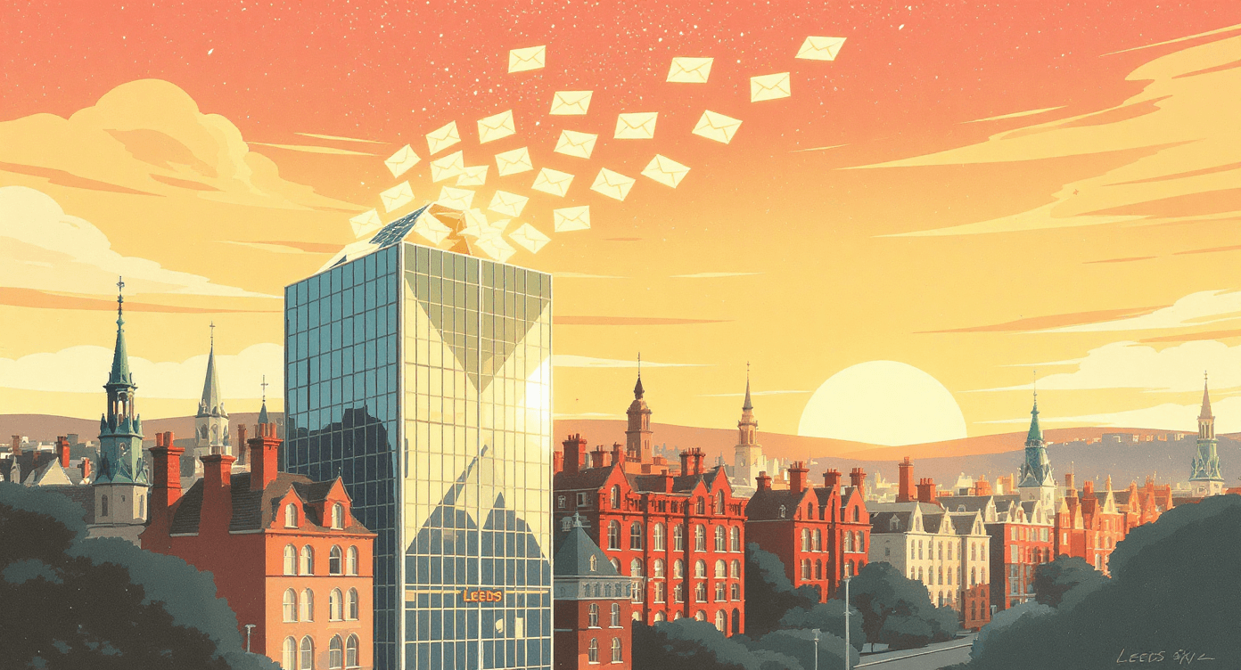 Skyline with an envelope-shaped building releasing glowing email cards with house icons, representing AI email sequences created for estate agents.
