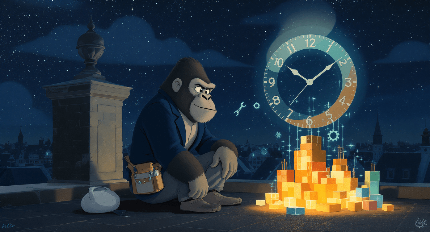 Raccoon building a glowing digital structure at night with floating AI tool icons, representing spending a weekend learning AI tools and creating a project.