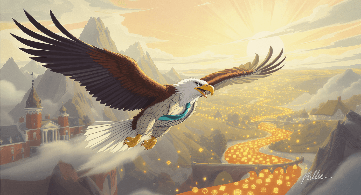 Eagle soaring above mountains with glowing icons below, representing motivation, ambition, and focus on achieving goals.
