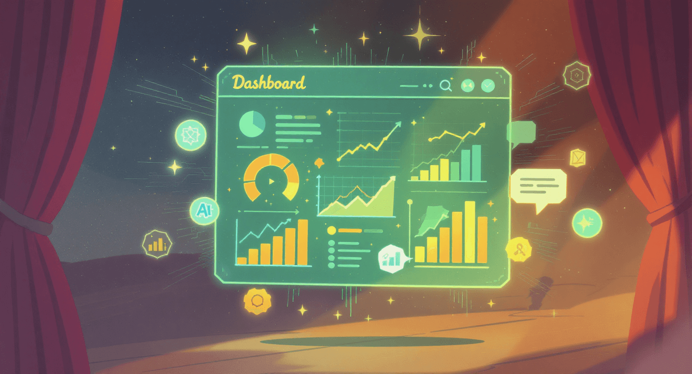 Zoomed-in futuristic digital dashboard with charts, graphs, and icons, representing a custom workspace for managing tasks and AI tools.