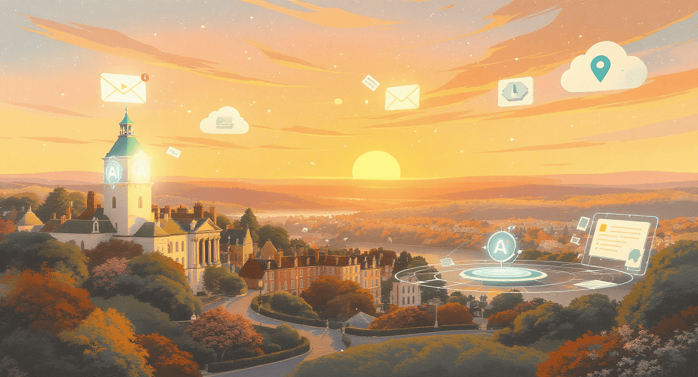 Panoramic creative landscape with five zones representing different AI business ideas, watched by diverse animal characters, symbolising action, opportunity, and starting AI businesses over a weekend.