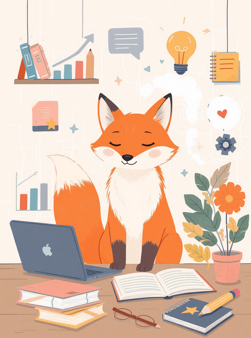 Robot mascot surrounded by holographic panels showing a coach, small business owner, creator, and frustrated person at a blank screen, representing who the AI prompt guide is for.