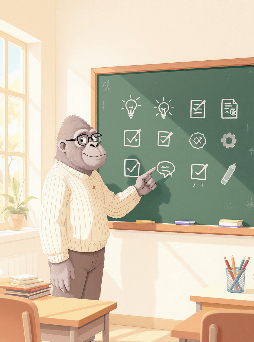 Robot teacher at chalkboard explaining why AI prompt frameworks work with clear bullet points