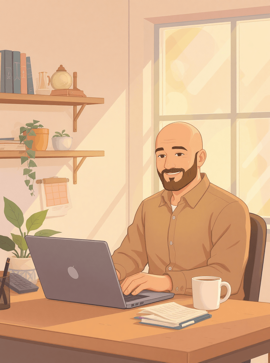 Robot and bald man with beard at a desk introducing the creator Dan from Simplify AI.