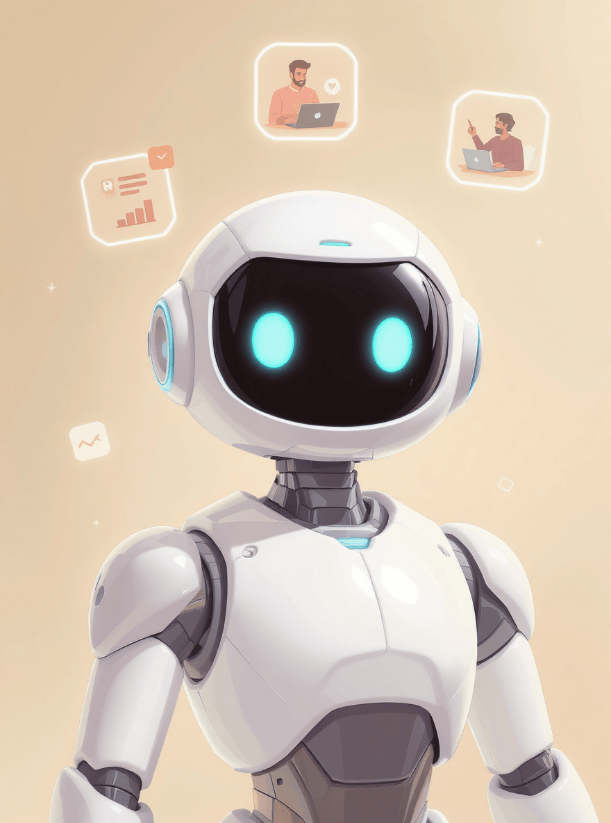 friendly robot mascot in beige and brown theme pointing at icons of book, clipboard, speech bubble and wrench showing why prompt like a pro guide works