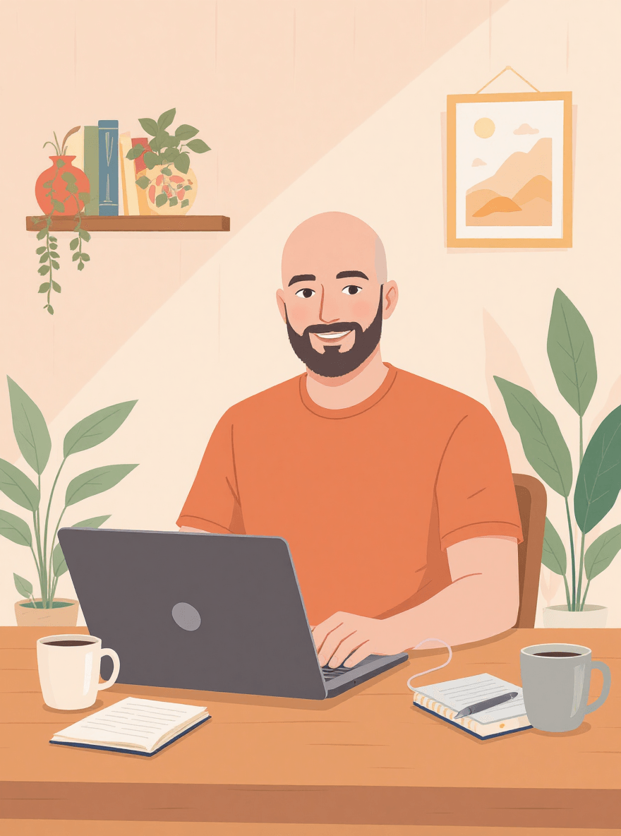 Robot mascot pointing at a holographic 'Meet Dan' sign with a bald man with a beard smiling beside it, in warm beige and brown tones, representing the creator of Prompt Like a Pro