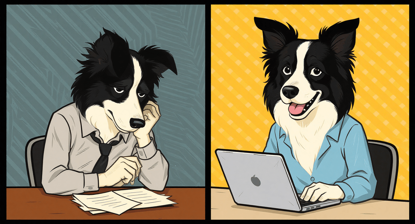 Retro vector before-after illustration showing business owner transformation from overwhelmed to efficient using AI framework