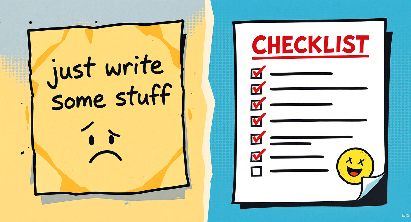 Retro vector illustration comparing vague one-line instruction versus detailed organised brief for AI prompting