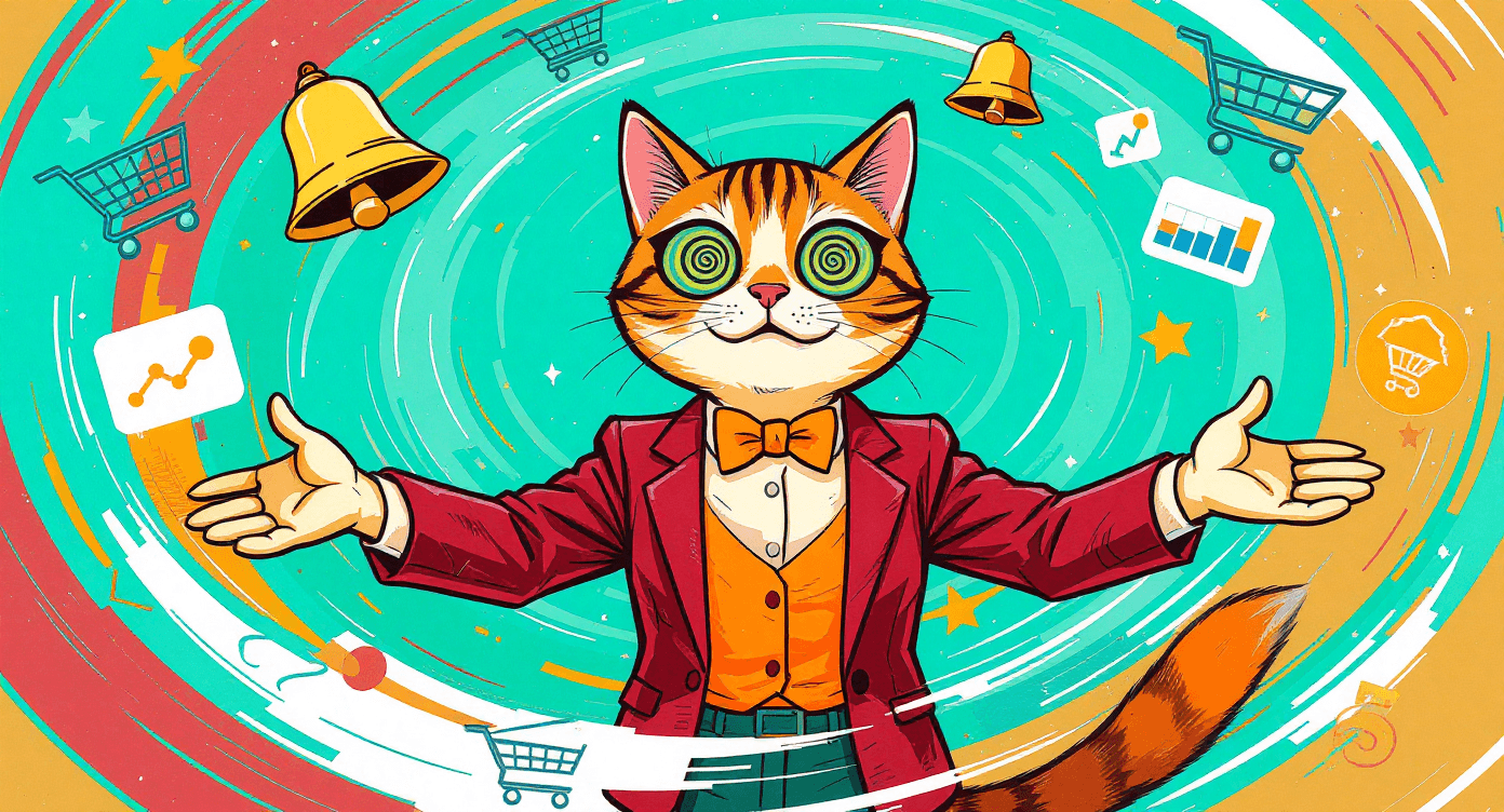 Retro vector of online seller in center of tornado of e-commerce platform icons representing multi-channel selling chaos